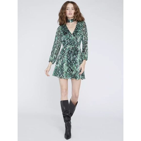 Alice Olivia Dress Green Rita Silk Mini Fit Flare Snakeskin V Neck A Line Size 4 - Picture 1 of 13
